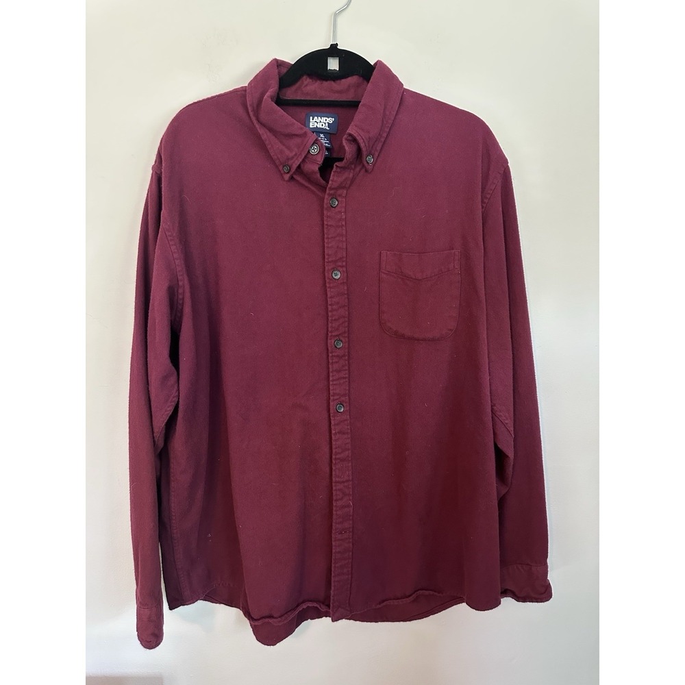 Lands End Button Up Flannel Shirt Men's XL‎ Red 100% Cotton Natural Fibers